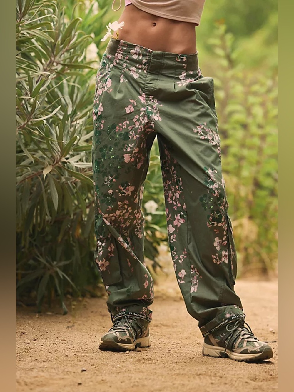 Free People Mesmerize Me Printed Lightweight Utility Cargo Pants Olive Combo